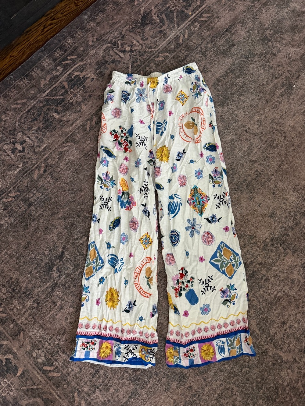 Women's Cream Floral Wide-Leg Casual Pants